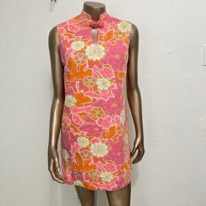 Reef Towers Casual Aire Hawaiian Pink Orange Mini Tiki Dress Floral VTG 60s Sz 4